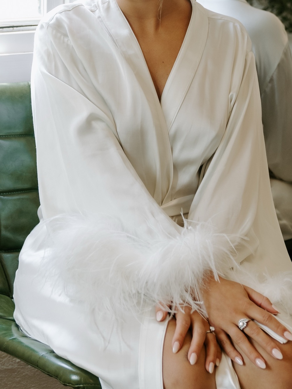 Lovers + Friends White Feather Trim Satin Robe Jacket